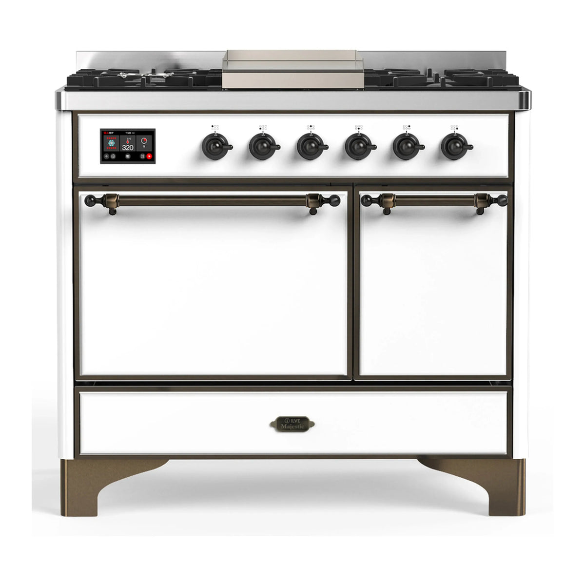 ILVE Majestic III 40-Inch NG Dual Fuel Range, 6 Burners, Griddle, Solid Door Oven, White with Burnished Trim (UMD40FQNR3WHB)