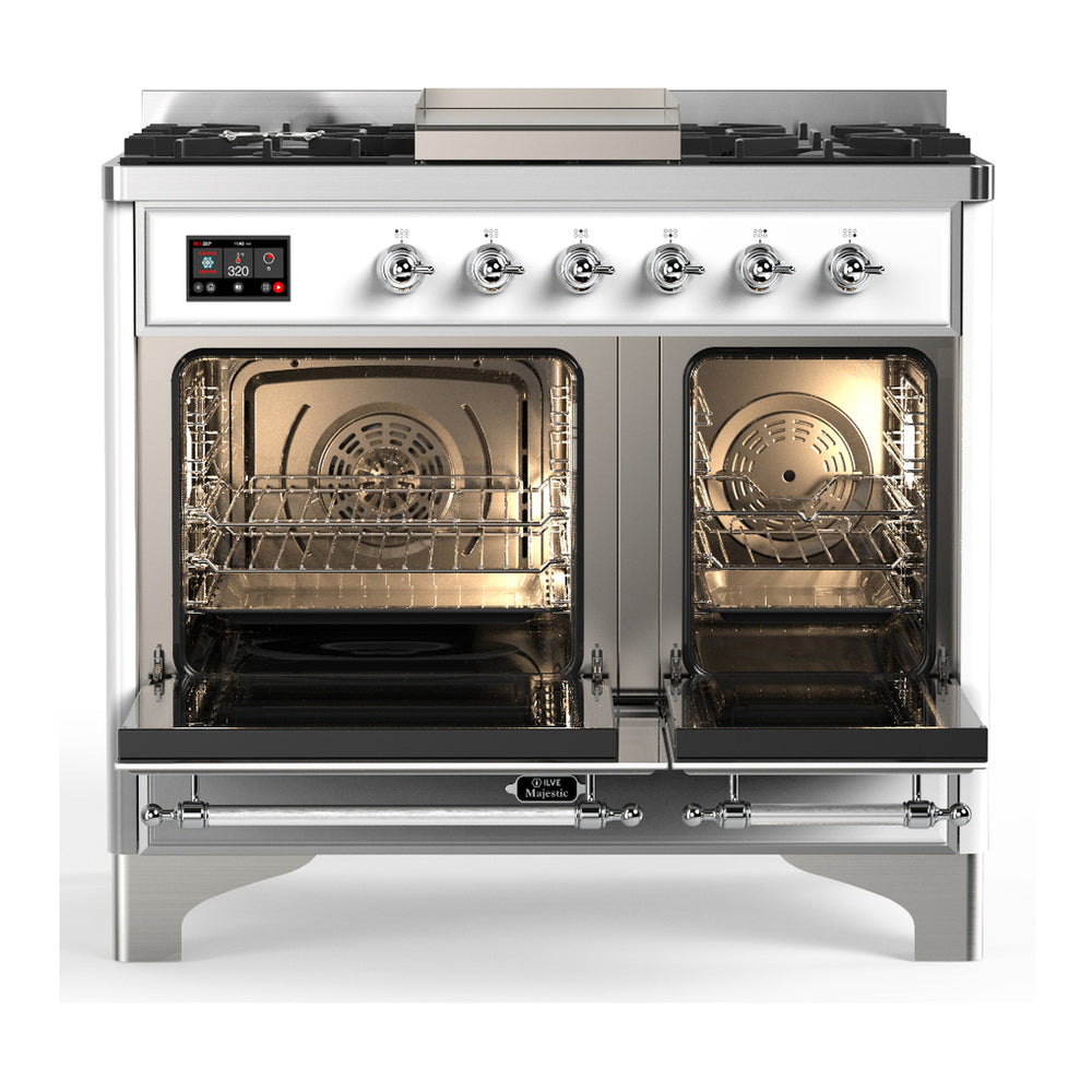 ILVE Majestic III 40-inch Dual Fuel Range with 5 Liquid Propane Burner, Griddle and Solid Door Electric Oven in White with Chrome Trim (UMD40FQNR3WHCLP)