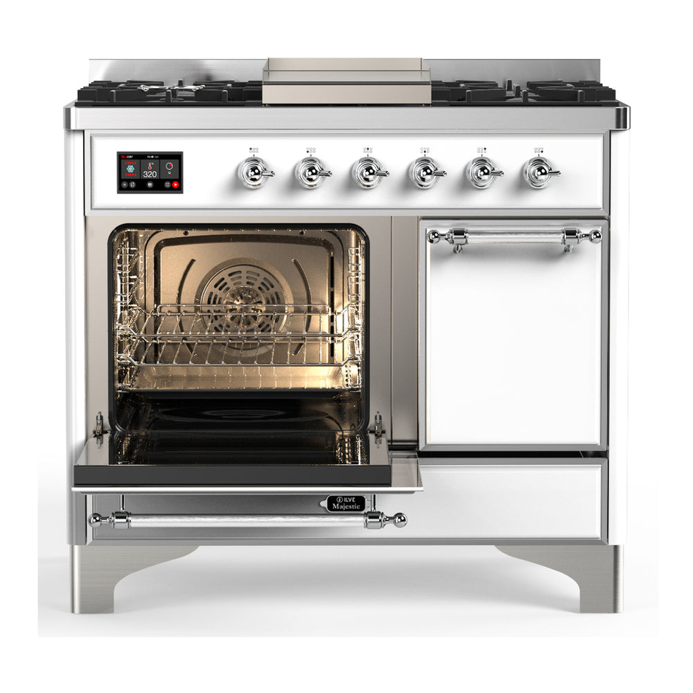 ILVE Majestic III 40-inch Dual Fuel Range with 5 Liquid Propane Burner, Griddle and Solid Door Electric Oven in White with Chrome Trim (UMD40FQNR3WHCLP)