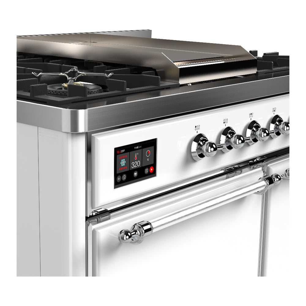 ILVE Majestic III 40-inch Dual Fuel Range with 5 Liquid Propane Burner, Griddle and Solid Door Electric Oven in White with Chrome Trim (UMD40FQNR3WHCLP)