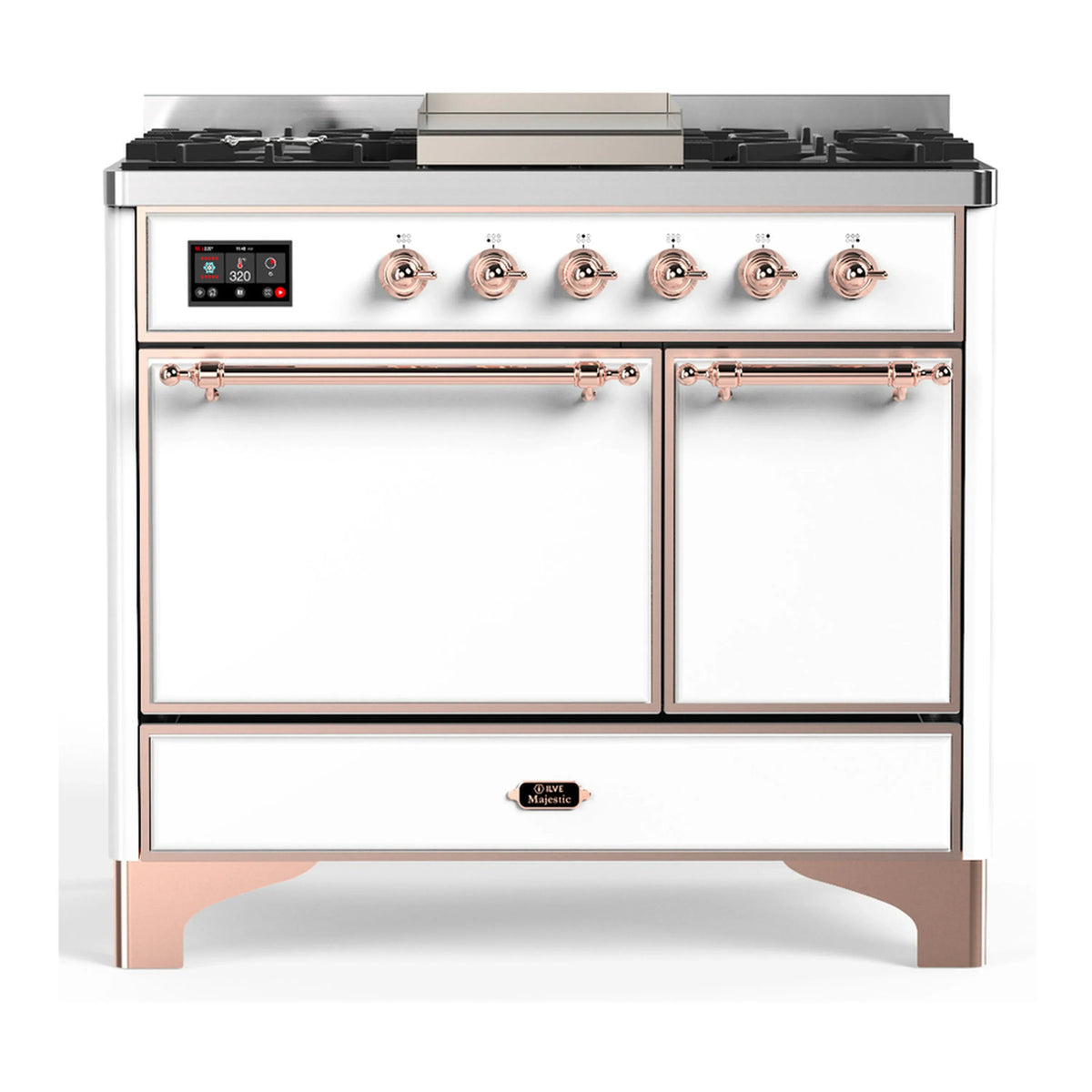ILVE Majestic III 40-Inch LP Dual Fuel Range, 5 Burners, Griddle, Solid Door Oven, White with Copper Trim (UMD40FQNR3WHPLP)