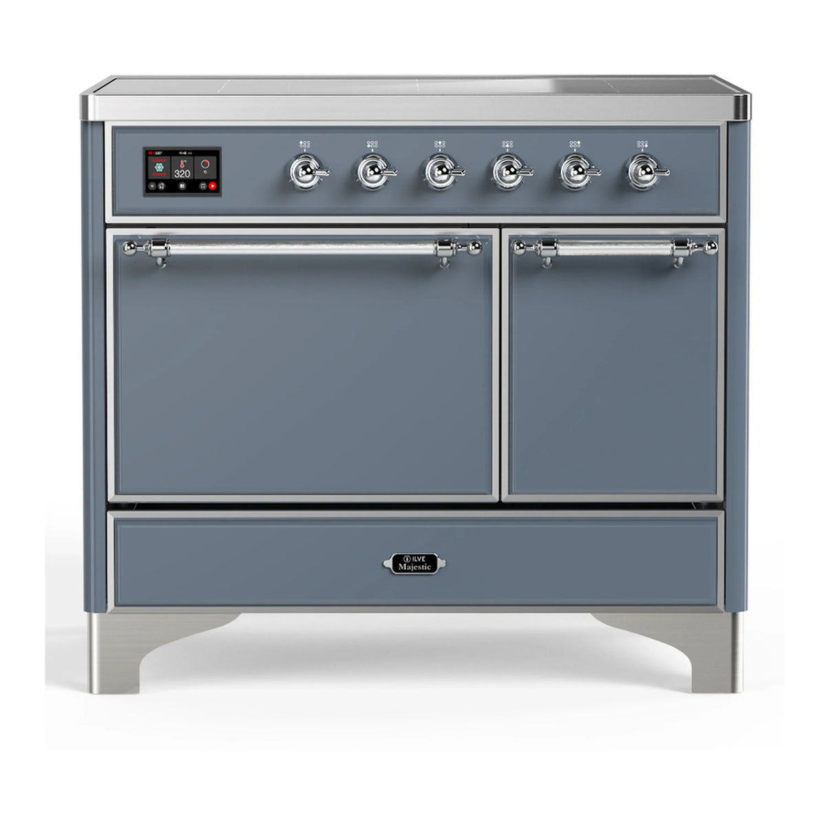 ILVE Majestic III 40-Inch Induction Range, 6 Elements, Solid Door Electric Oven, Blue Grey with Chrome Trim (UMDIB40QNR3BGC)
