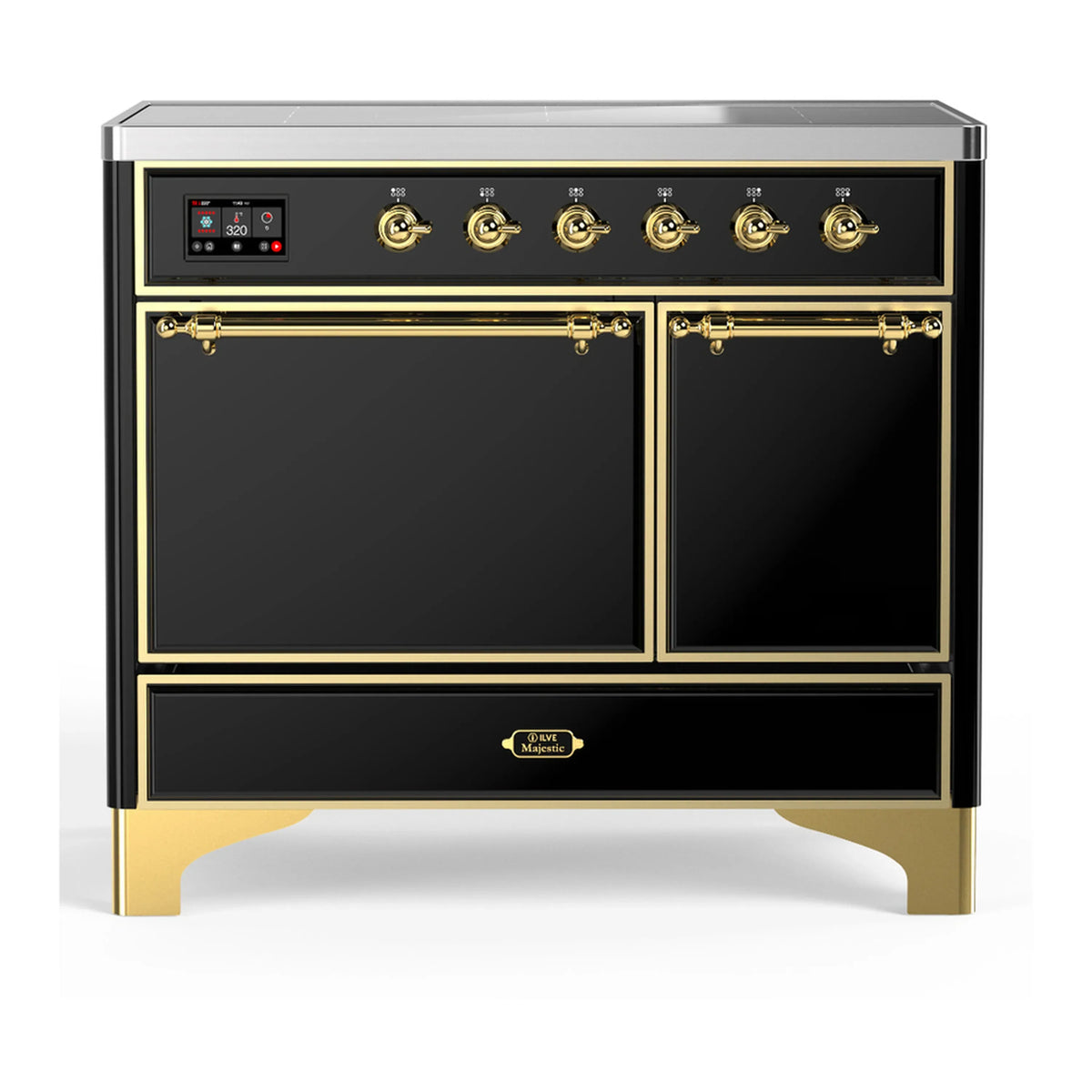 ILVE Majestic III 40-Inch Induction Range, 6 Elements, Solid Door Electric Oven, Glossy Black with Brass Trim (UMDIB40QNR3BKG)