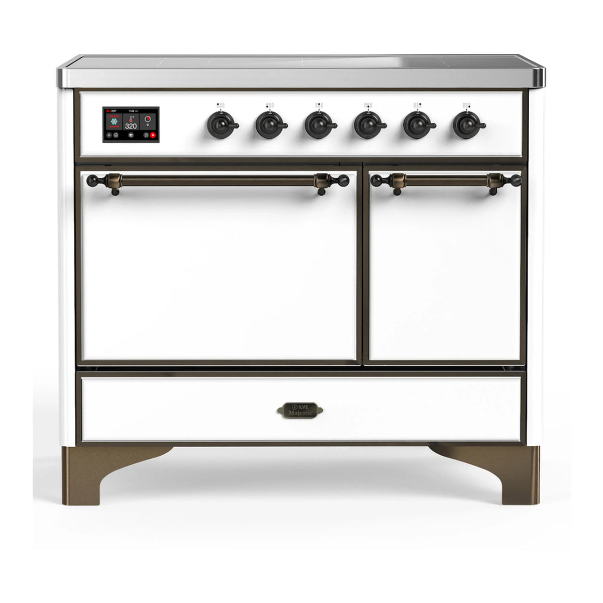 ILVE Majestic III 40-Inch Induction Range, 6 Elements, Solid Door Electric Oven, White with Burnished Trim (UMDIB40QNR3WHB)