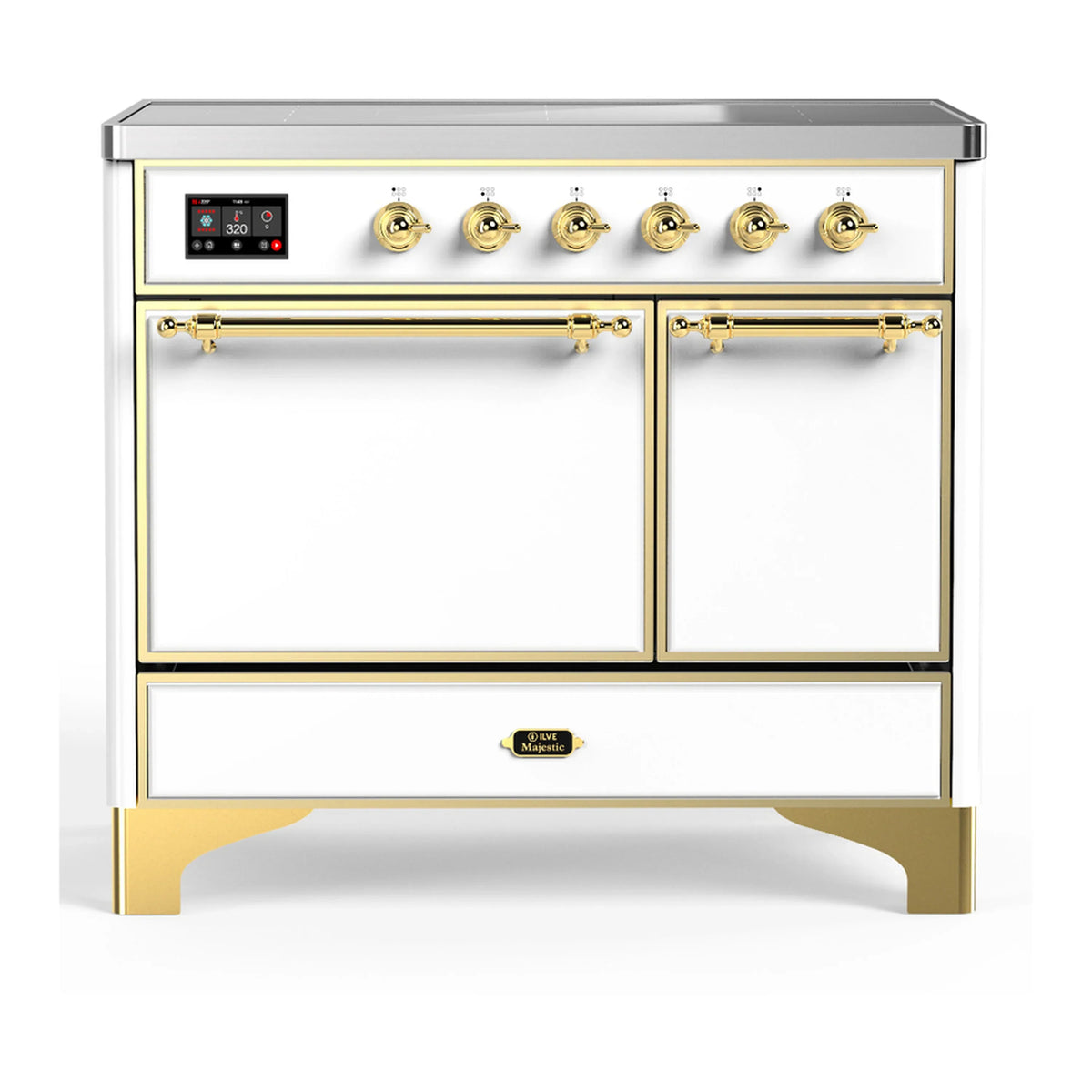 ILVE Majestic III 40-Inch Induction Range, 6 Elements, Solid Door Electric Oven, White with Brass Trim (UMDIB40QNR3WHG)