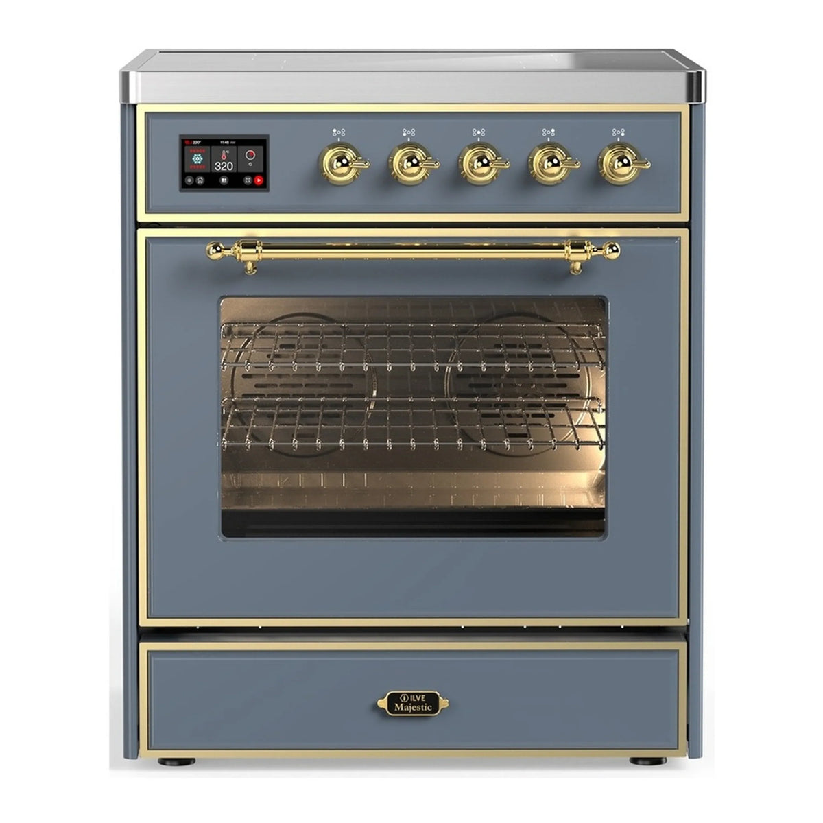 ILVE Majestic III 30-Inch Induction Range, 4 Elements, Triple Glass Door Electric Oven, Blue Grey with Brass Trim (UMIB30NR3BGG)