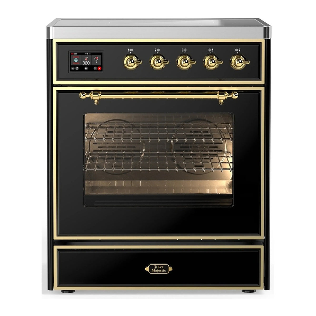ILVE Majestic III 30-Inch Induction Range, 4 Elements, Triple Glass Door Electric Oven, Glossy Black with Brass Trim (UMIB30NR3BKG)