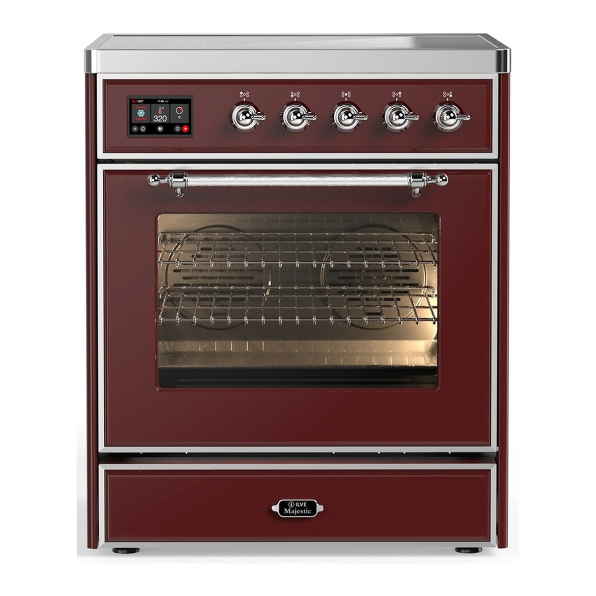 ILVE Majestic III 30-Inch Induction Range, 4 Elements, Triple Glass Door Electric Oven, Burgundy with Chrome Trim (UMIB30NR3BUC)