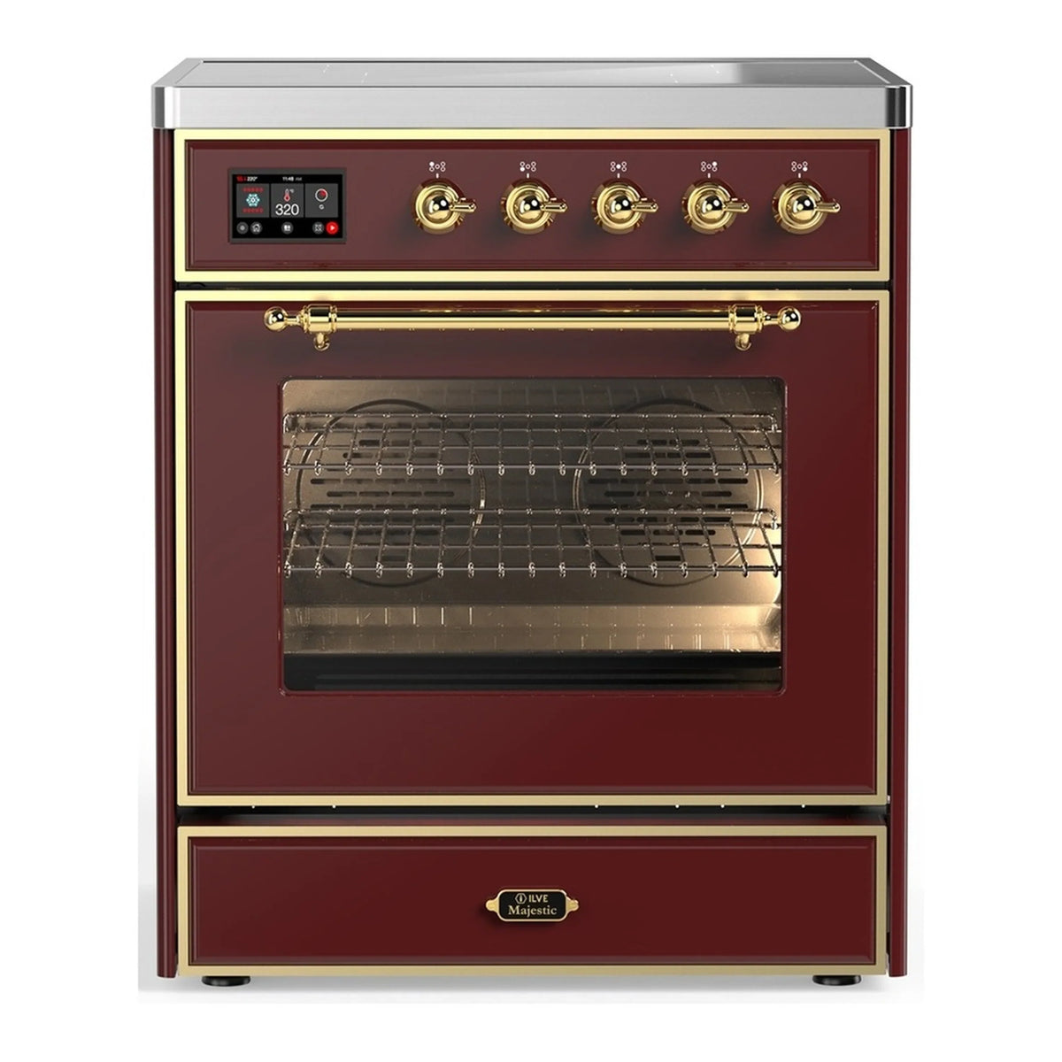 ILVE Majestic III 30-Inch Induction Range, 4 Elements, Triple Glass Door Electric Oven, Burgundy with Brass Trim (UMIB30NR3BUG)