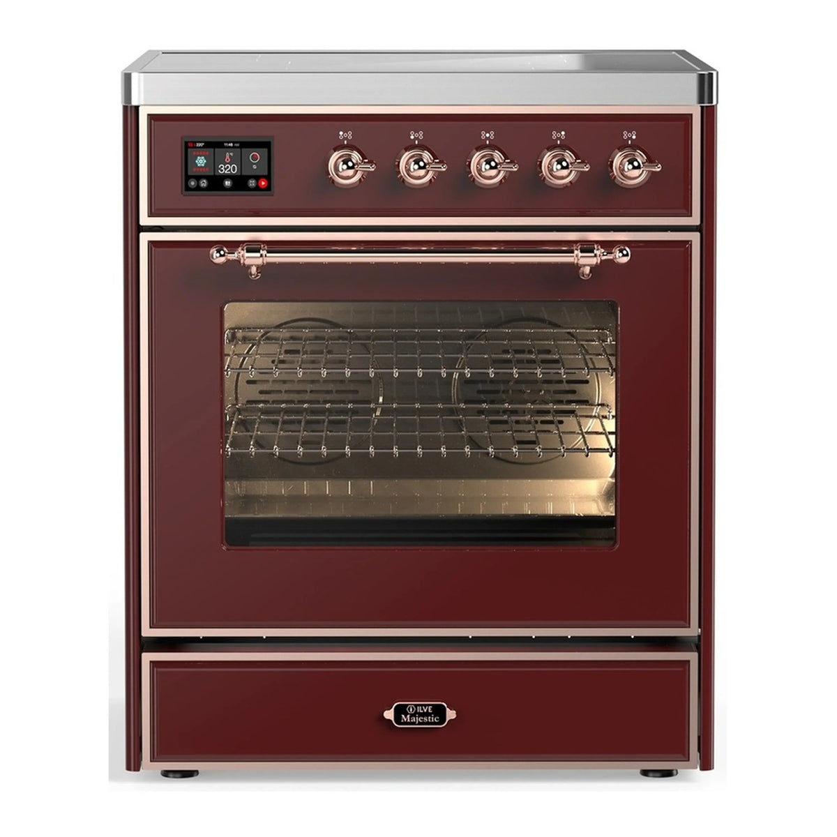 ILVE Majestic III 30-Inch Induction Range, 4 Elements, Triple Glass Door Electric Oven, Burgundy with Copper Trim (UMIB30NR3BUP)