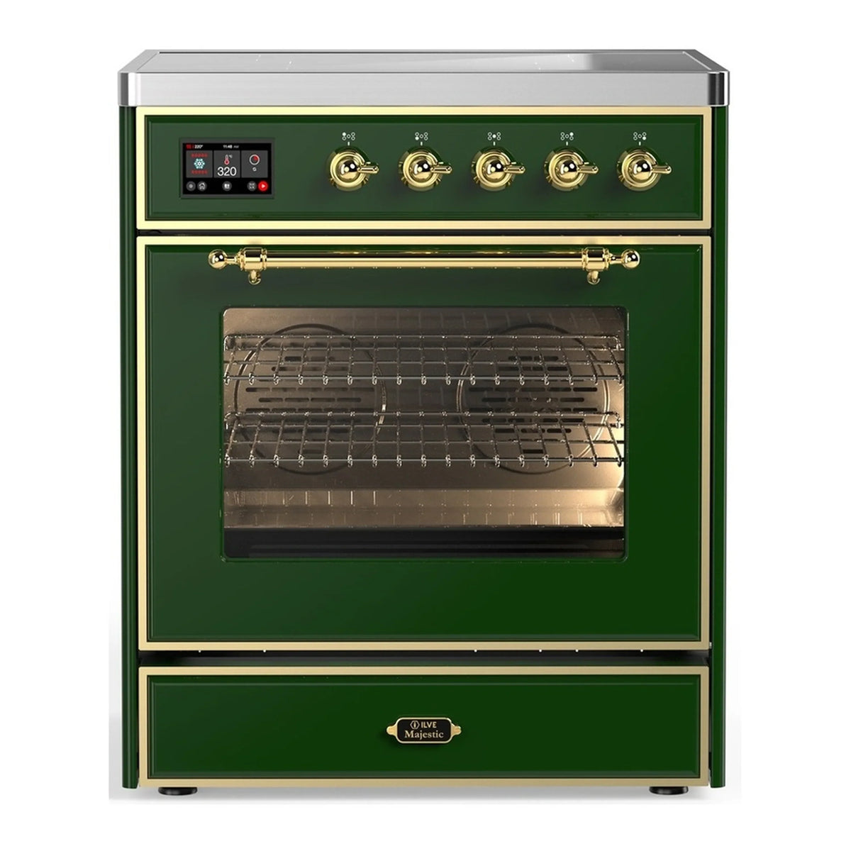 ILVE Majestic III 30-Inch Induction Range, 4 Elements, Triple Glass Door Electric Oven, Emerald Green with Brass Trim (UMIB30NR3EGG)