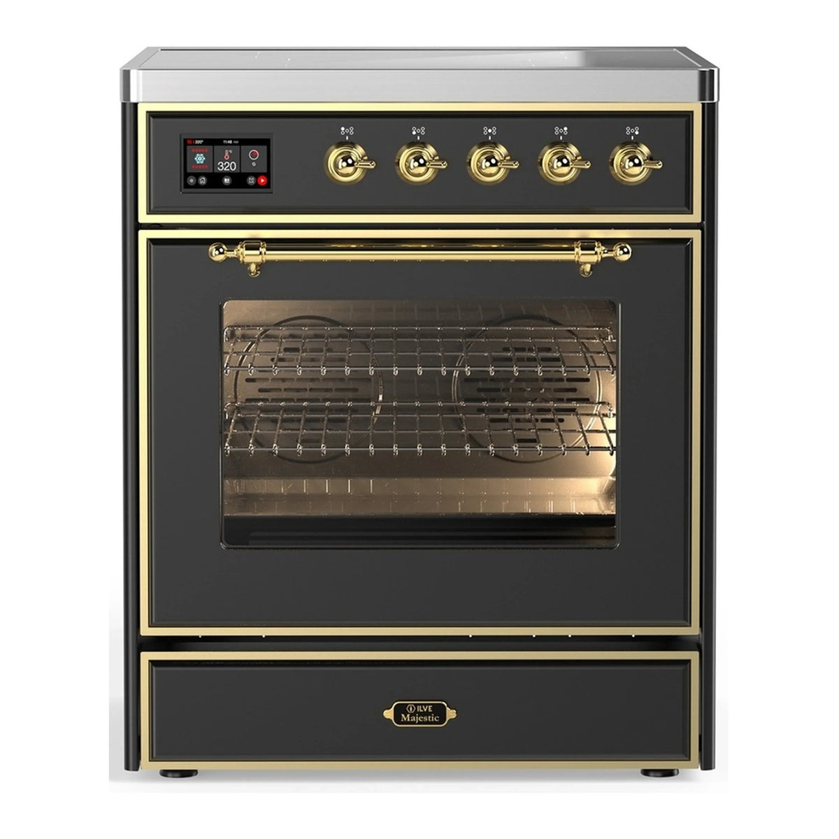ILVE Majestic III 30-Inch Induction Range, 4 Elements, Triple Glass Door Electric Oven, Matte Graphite with Brass Trim (UMIB30NR3MGG)
