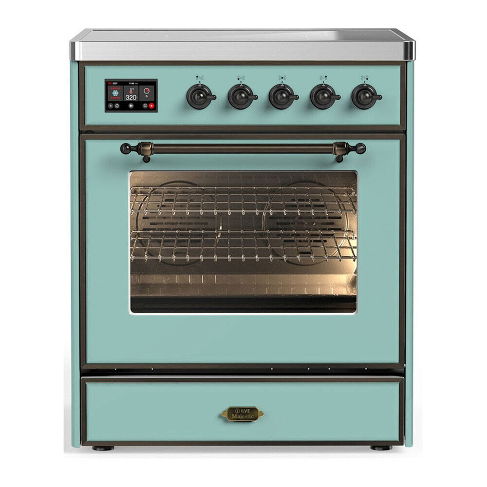ILVE Majestic III 30-Inch Induction Range, 4 Elements, Triple Glass Door Electric Oven, Mediterranean Mint with Burnished Trim (UMIB30NR3MMB)