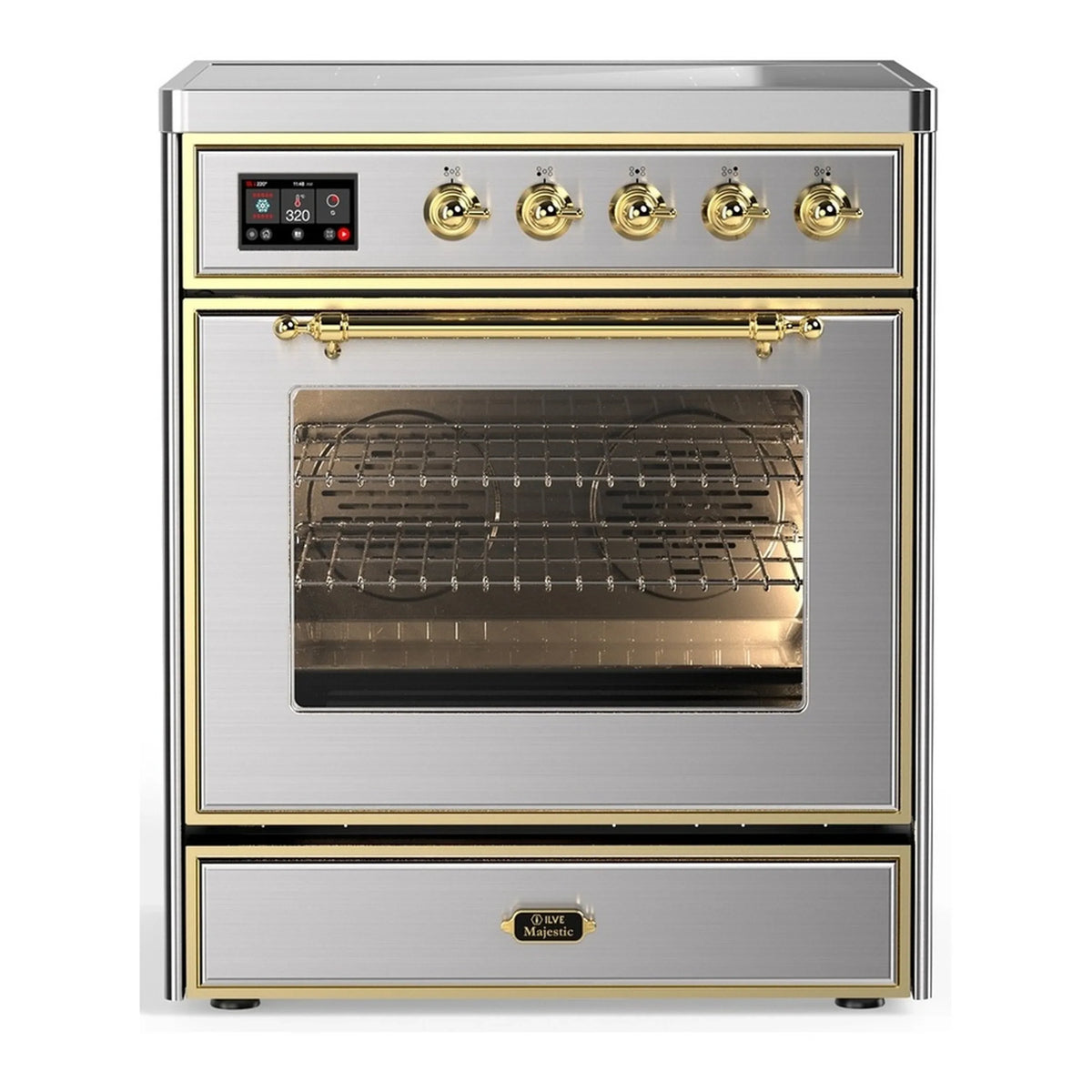 ILVE Majestic III 30-Inch Induction Range, 4 Elements, Triple Glass Door Electric Oven, Stainless Steel with Brass Trim (UMIB30NR3SSG)