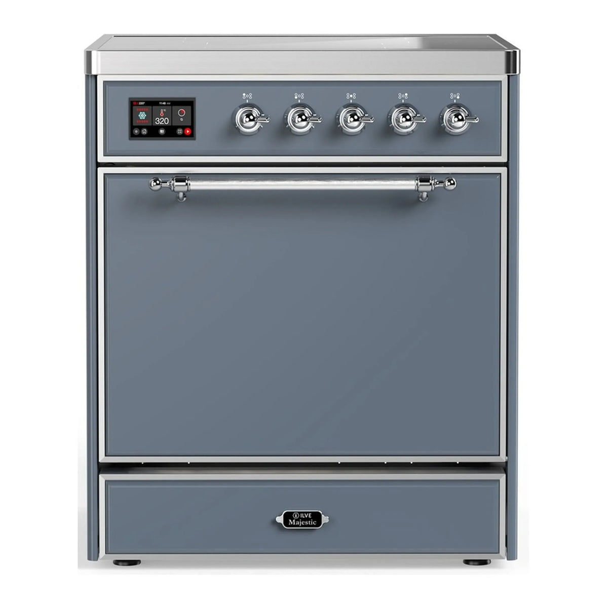 ILVE Majestic III 30-Inch Induction Range, 4 Elements, Solid Door Electric Oven, Blue Grey with Chrome Trim (UMIB30QNR3BGC)