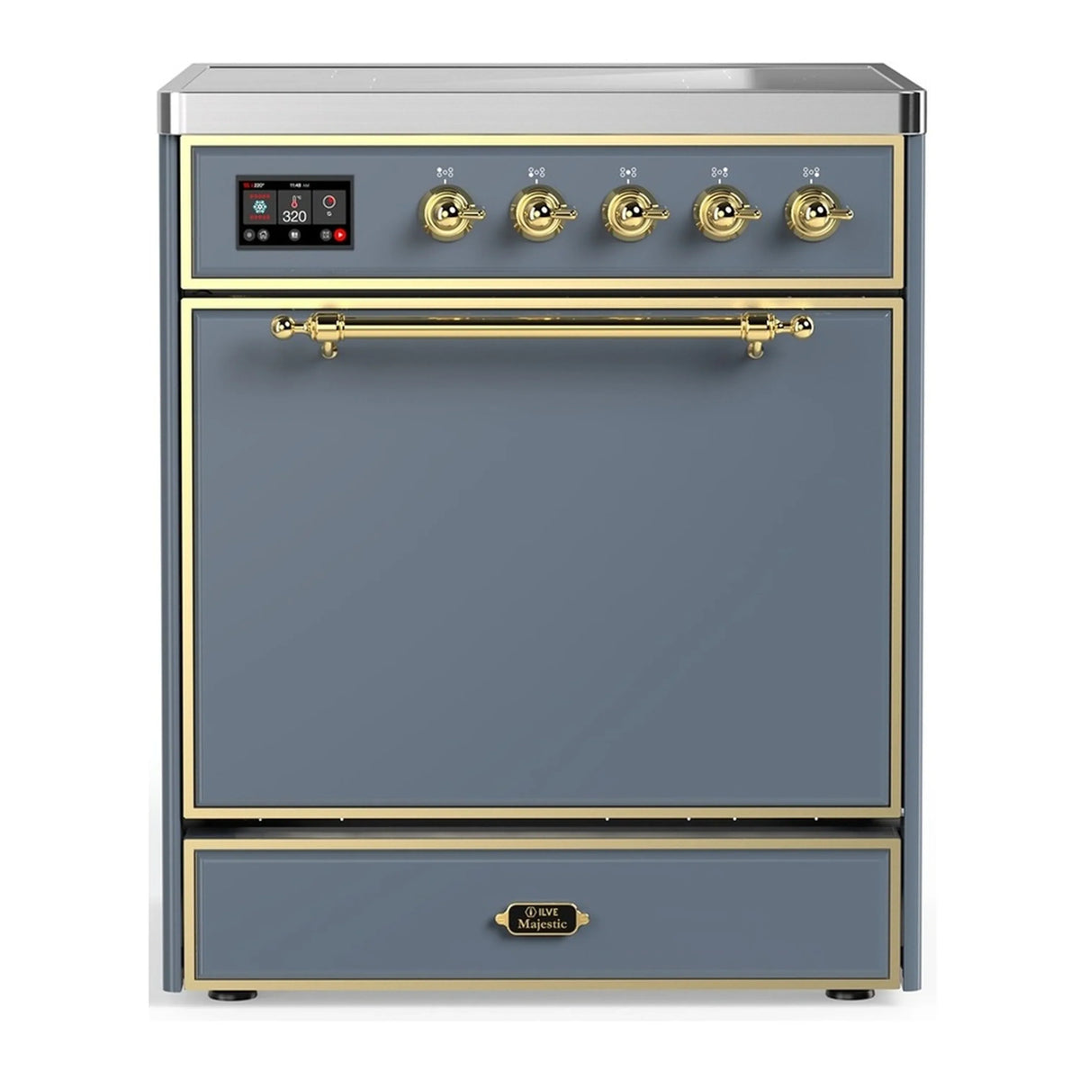 ILVE Majestic III 30-Inch Induction Range, 4 Elements, Solid Door Electric Oven, Blue Grey with Brass Trim (UMIB30QNR3BGG)