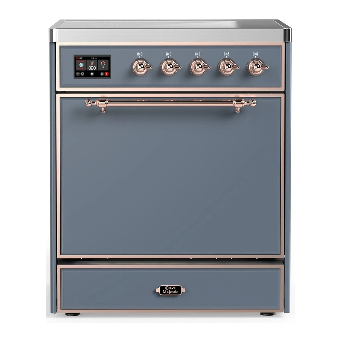 ILVE Majestic III 30-Inch Induction Range, 4 Elements, Solid Door Electric Oven, Blue Grey with Copper Trim (UMIB30QNR3BGP)