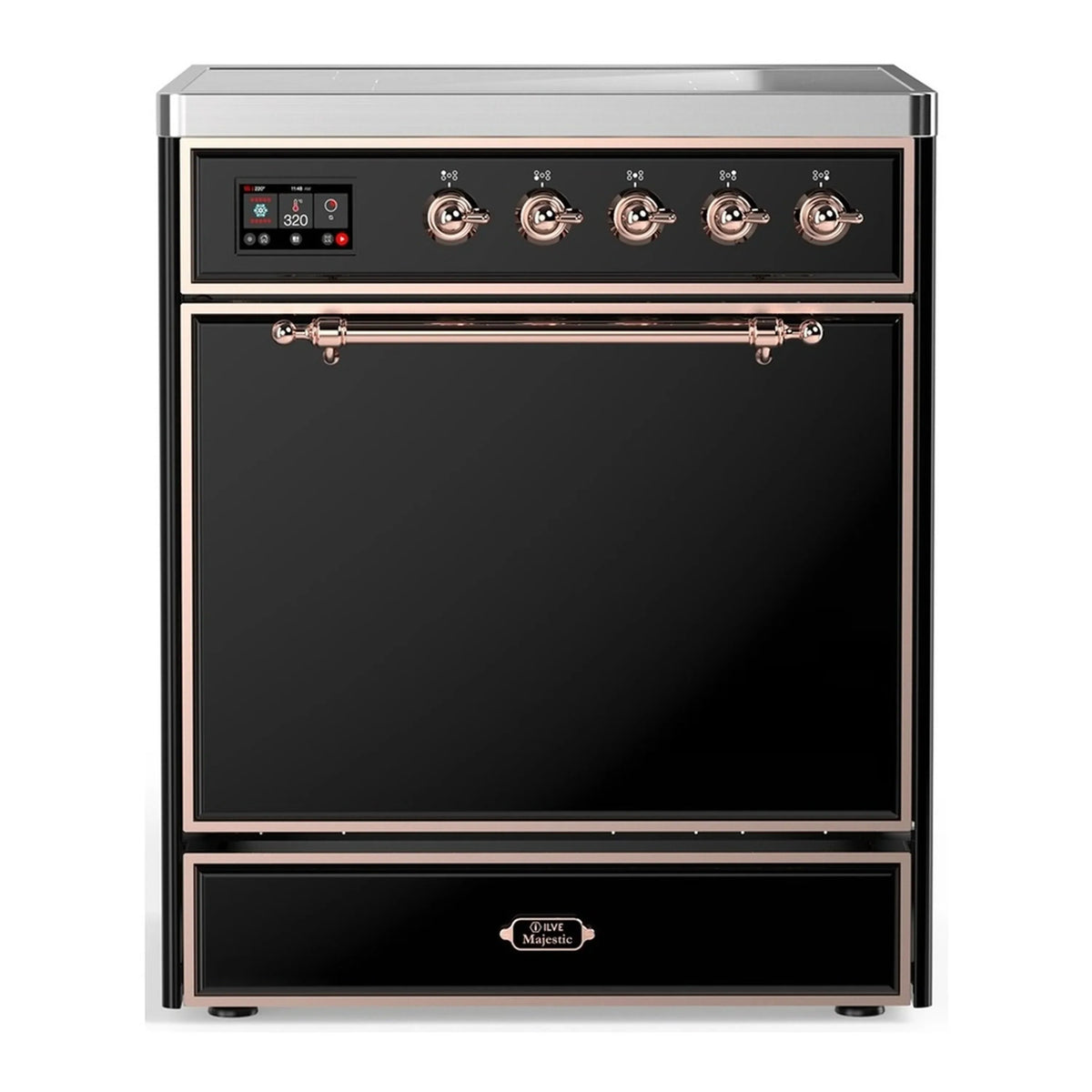 ILVE Majestic III 30-Inch Induction Range, 4 Elements, Solid Door Electric Oven, Glossy Black with Copper Trim (UMIB30QNR3BKP)