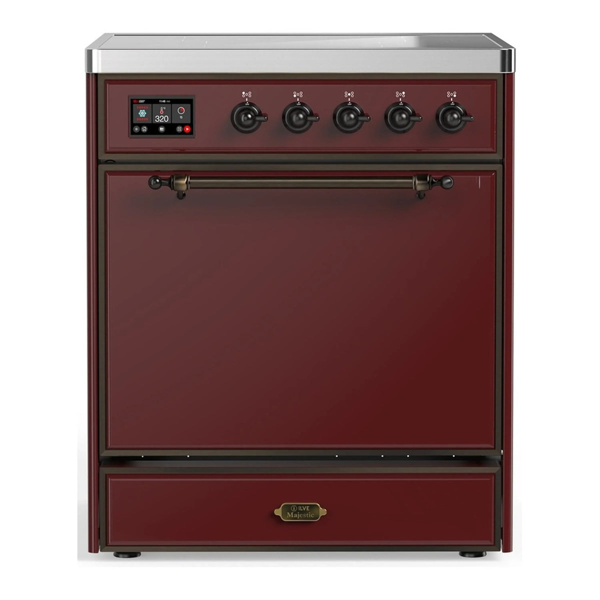 ILVE Majestic III 30-Inch Induction Range, 4 Elements, Solid Door Electric Oven, Burgundy with Burnished Trim (UMIB30QNR3BUB)