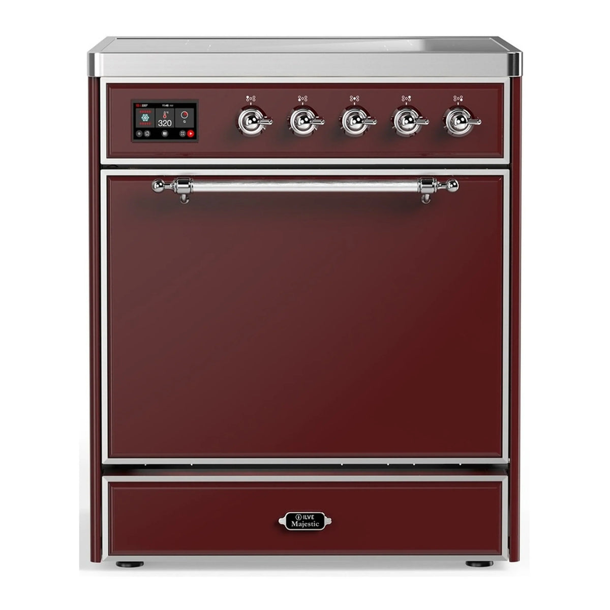 ILVE Majestic III 30-Inch Induction Range, 4 Elements, Solid Door Electric Oven, Burgundy with Chrome Trim (UMIB30QNR3BUC)