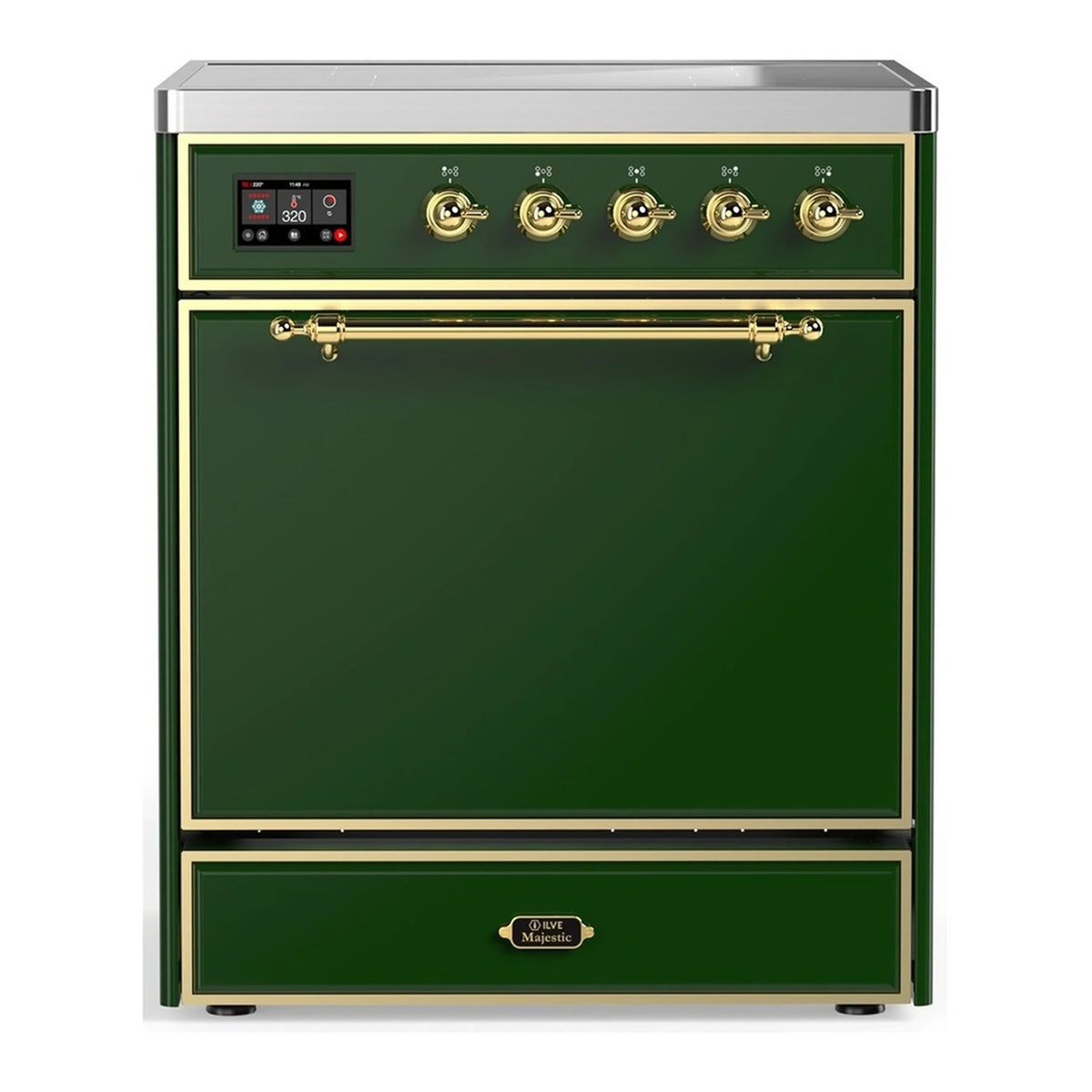 ILVE Majestic III 30-Inch Induction Range, 4 Elements, Solid Door Electric Oven, Emerald Green with Brass Trim (UMIB30QNR3EGG)