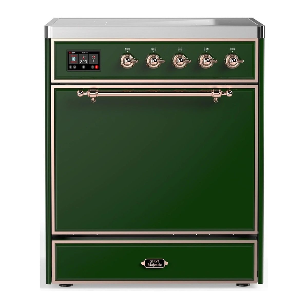 ILVE Majestic III 30-Inch Induction Range, 4 Elements, Solid Door Electric Oven, Emerald Green with Copper Trim (UMIB30QNR3EGP)