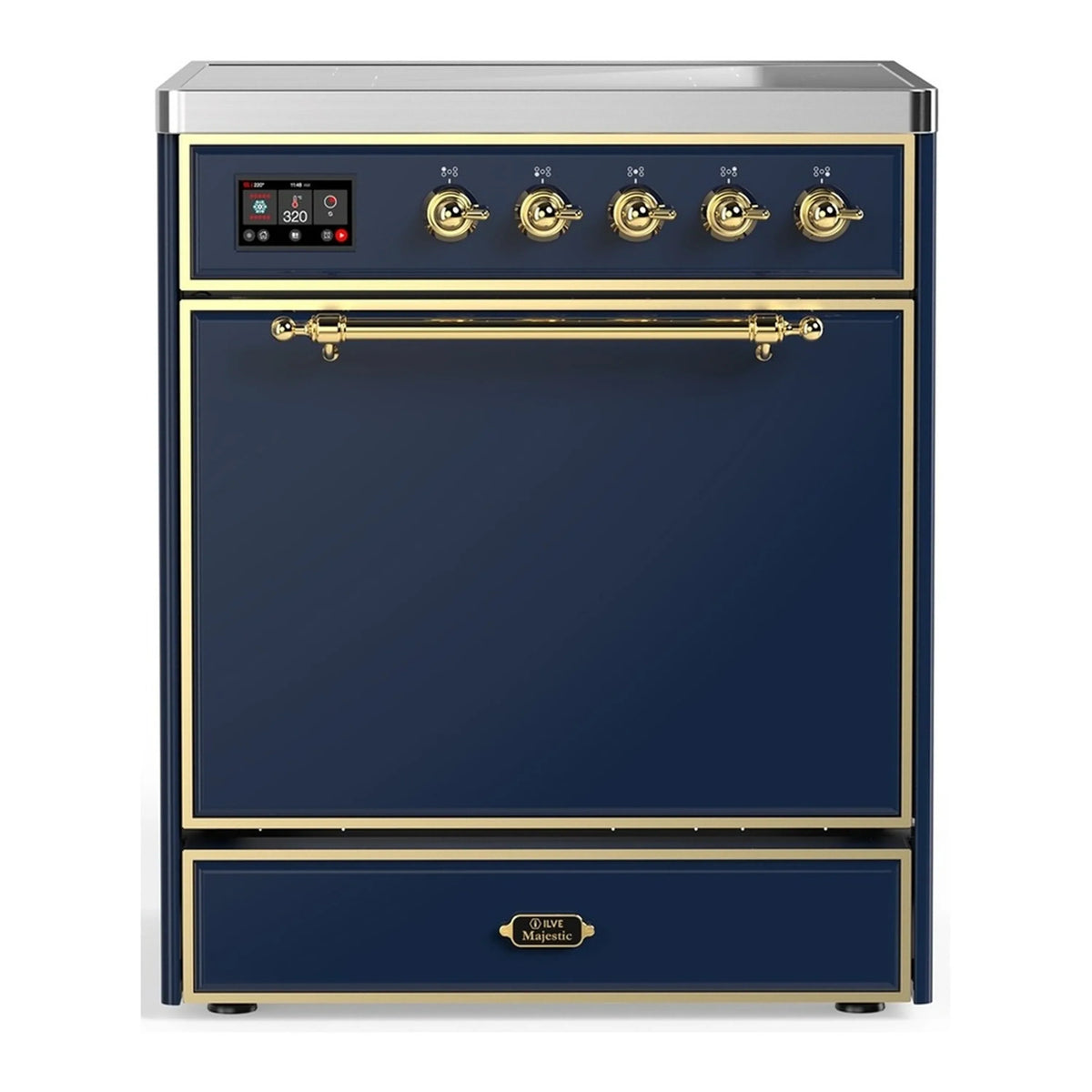 ILVE Majestic III 30-Inch Induction Range, 4 Elements, Solid Door Electric Oven, Midnight Blue with Brass Trim (UMIB30QNR3MBG)