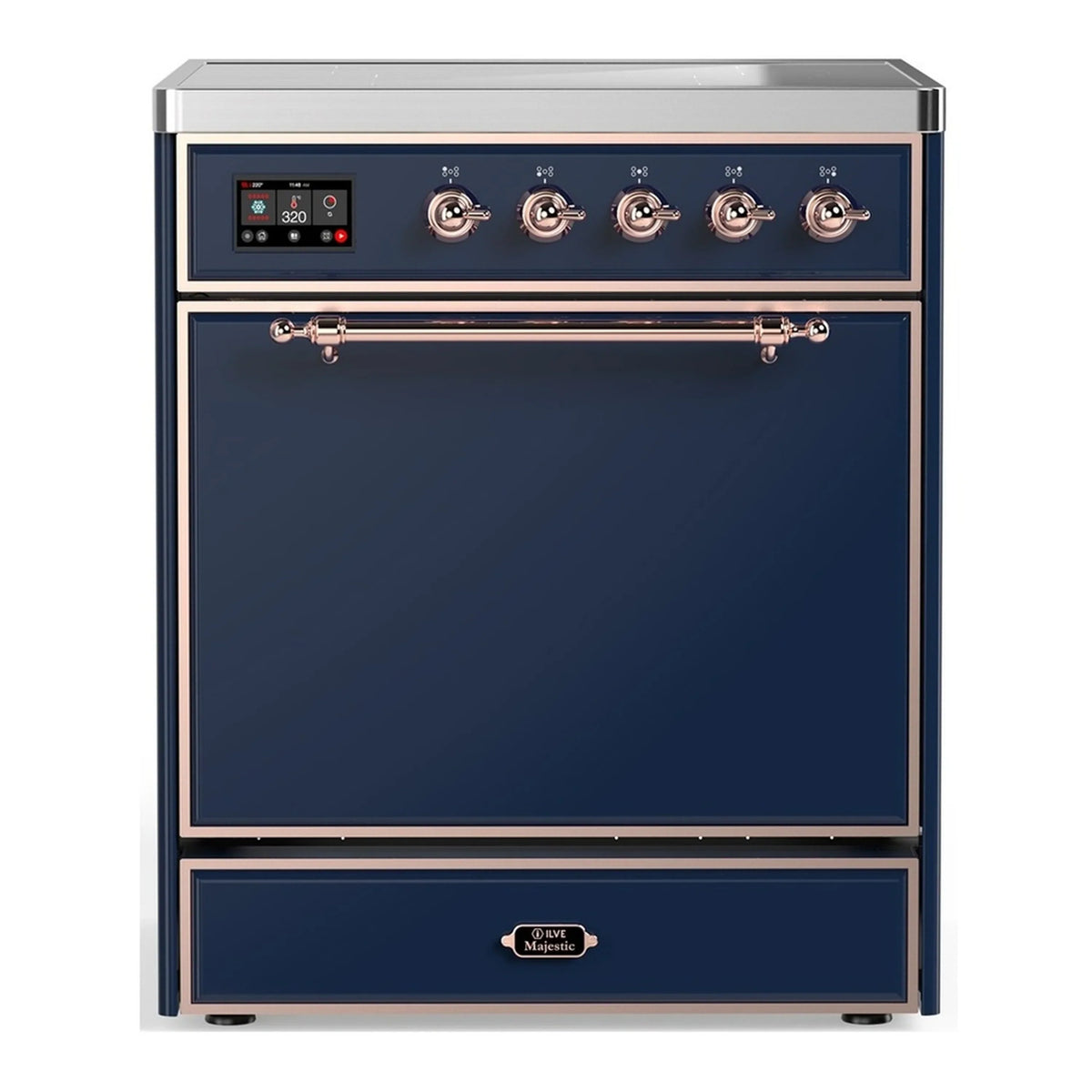 ILVE Majestic III 30-Inch Induction Range, 4 Elements, Solid Door Electric Oven, Midnight Blue with Copper Trim (UMIB30QNR3MBP)