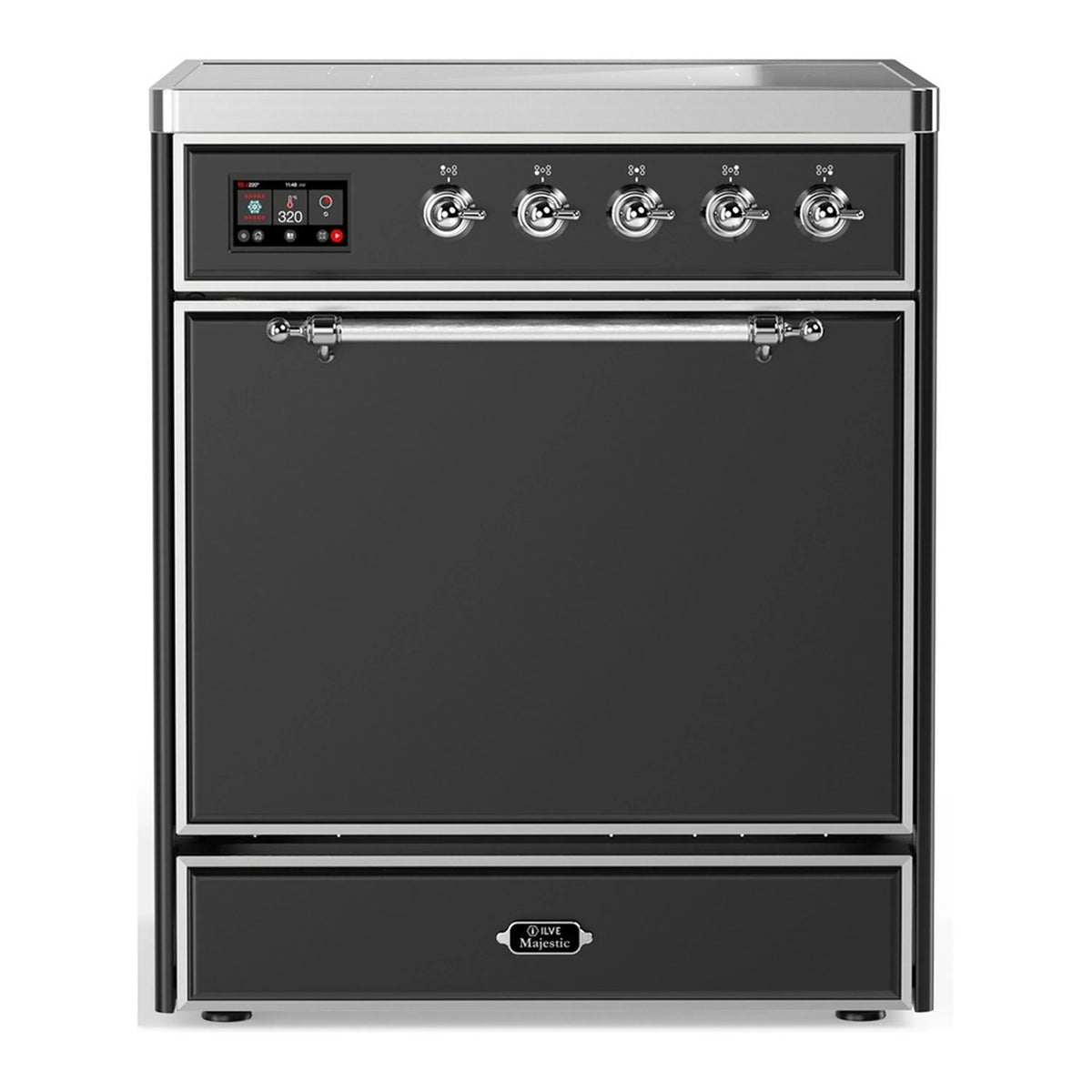 ILVE Majestic III 30-Inch Induction Range, 4 Elements, Solid Door Electric Oven, Matte Graphite with Chrome Trim (UMIB30QNR3MGC)
