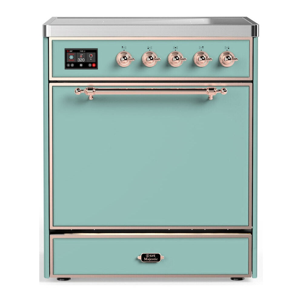 ILVE Majestic III 30-Inch Induction Range, 4 Elements, Solid Door Electric Oven, Mediterranean Mint with Copper Trim (UMIB30QNR3MMP)