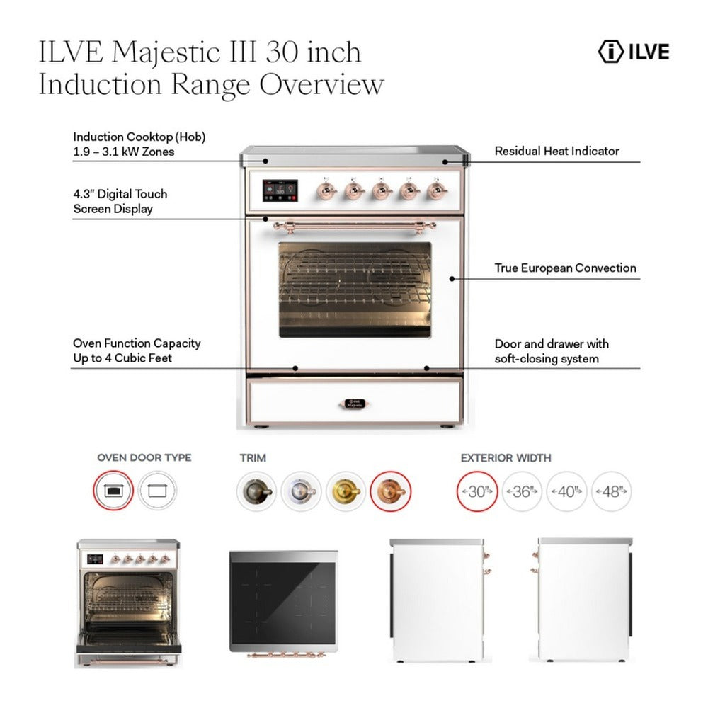 ILVE Majestic III 30-Inch Induction Range, 4 Elements, Solid Door Electric Oven, Mediterranean Mint with Copper Trim (UMIB30QNR3MMP)