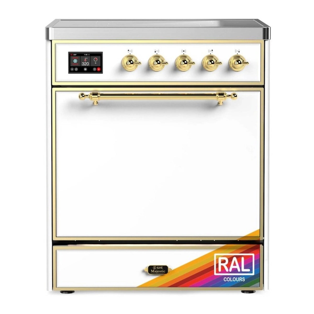 ILVE Majestic III 30-Inch Induction Range, 4 Elements, Solid Door Electric Oven, RAL with Brass Trim (UMIB30QNR3RAG)