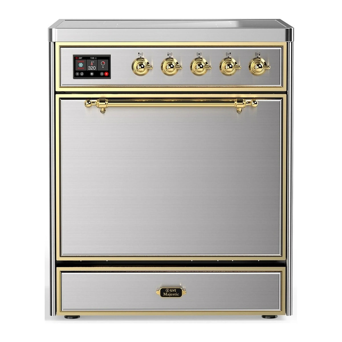 ILVE Majestic III 30-Inch Induction Range, 4 Elements, Solid Door Electric Oven, Stainless Steel with Brass Trim (UMIB30QNR3SSG)