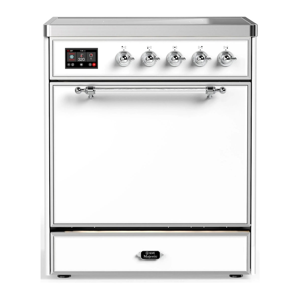 ILVE Majestic III 30-Inch Induction Range, 4 Elements, Solid Door Electric Oven, White with Chrome Trim (UMIB30QNR3WHC)