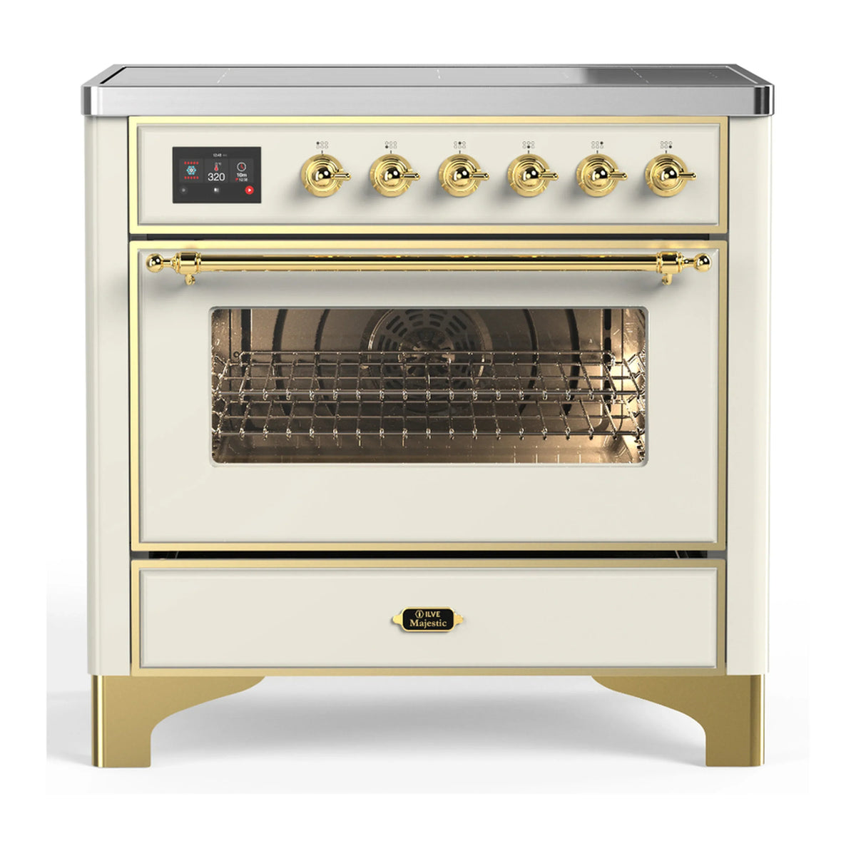 ILVE Majestic III 36-Inch Induction Range, 6 Elements, Triple Glass Door Electric Oven, Antique White with Brass Trim (UMIB36NR3AWG)