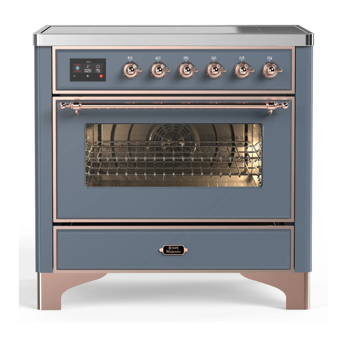 ILVE Majestic III 36-Inch Induction Range, 6 Elements, Triple Glass Door Electric Oven, Blue Grey with Copper Trim (UMIB36NR3BGP)