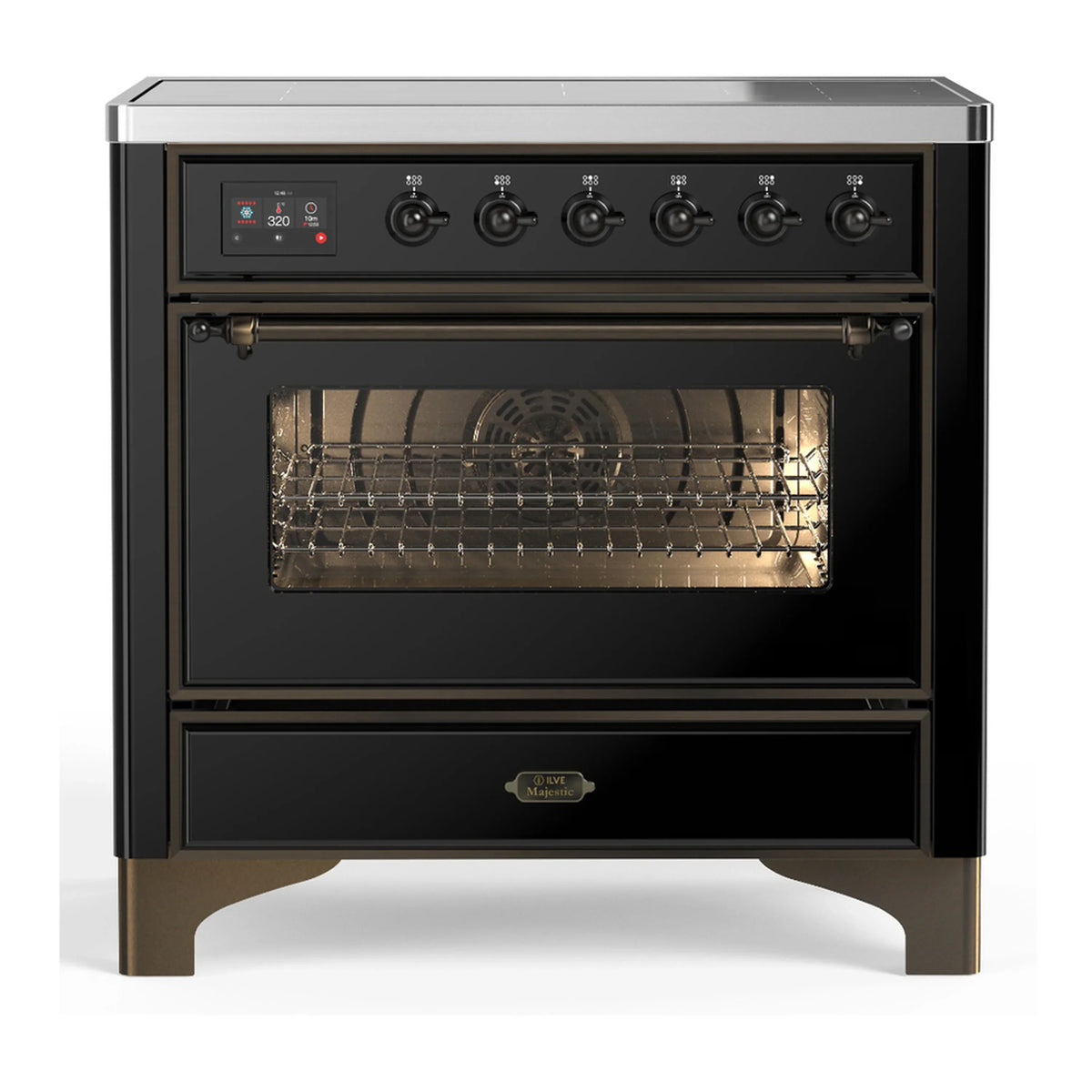 ILVE Majestic III 36-Inch Induction Range, 6 Elements, Triple Glass Door Electric Oven, Glossy Black with Burnished Trim (UMIB36NR3BKB)