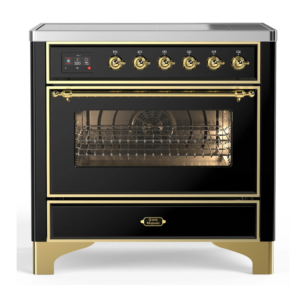 ILVE Majestic III 36-Inch Induction Range, 6 Elements, Triple Glass Door Electric Oven, Glossy Black with Brass Trim (UMIB36NR3BKG)