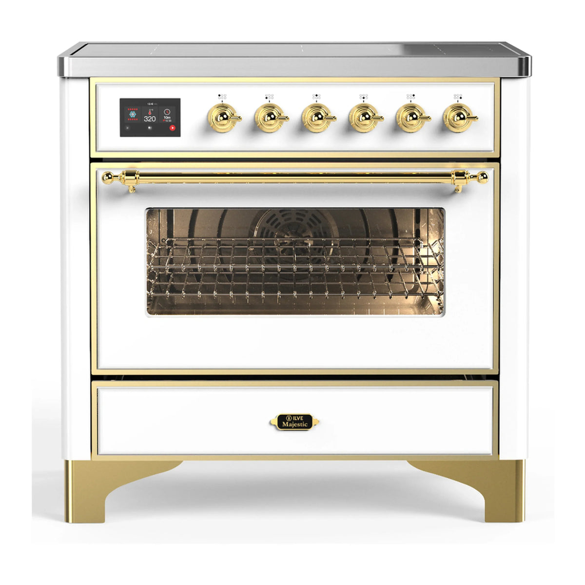 ILVE Majestic III 36-Inch Induction Range, 6 Elements, Triple Glass Door Electric Oven, White with Brass Trim (UMIB36NR3WHG)
