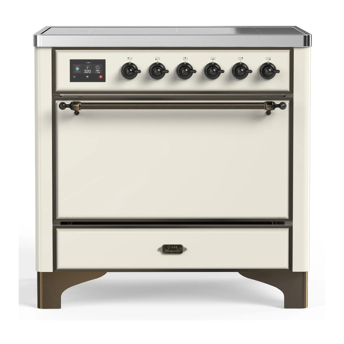 ILVE Majestic III 36-Inch Induction Range, 6 Elements, Solid Door Electric Oven, Antique White with Burnished Trim (UMIB36QNR3AWB)