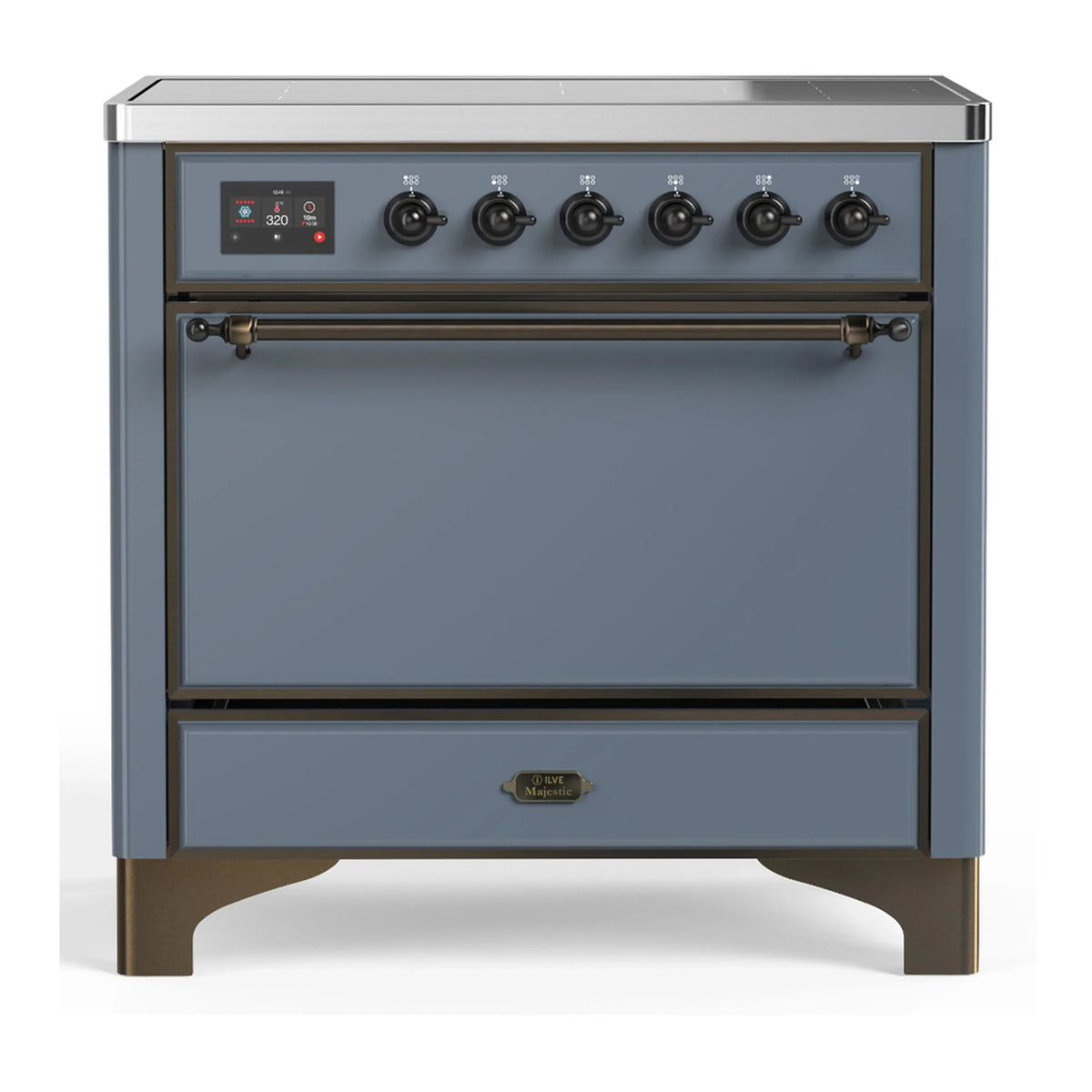 ILVE Majestic III 36-Inch Induction Range, 6 Elements, Solid Door Electric Oven, Blue Grey with Burnished Trim (UMIB36QNR3BGB)