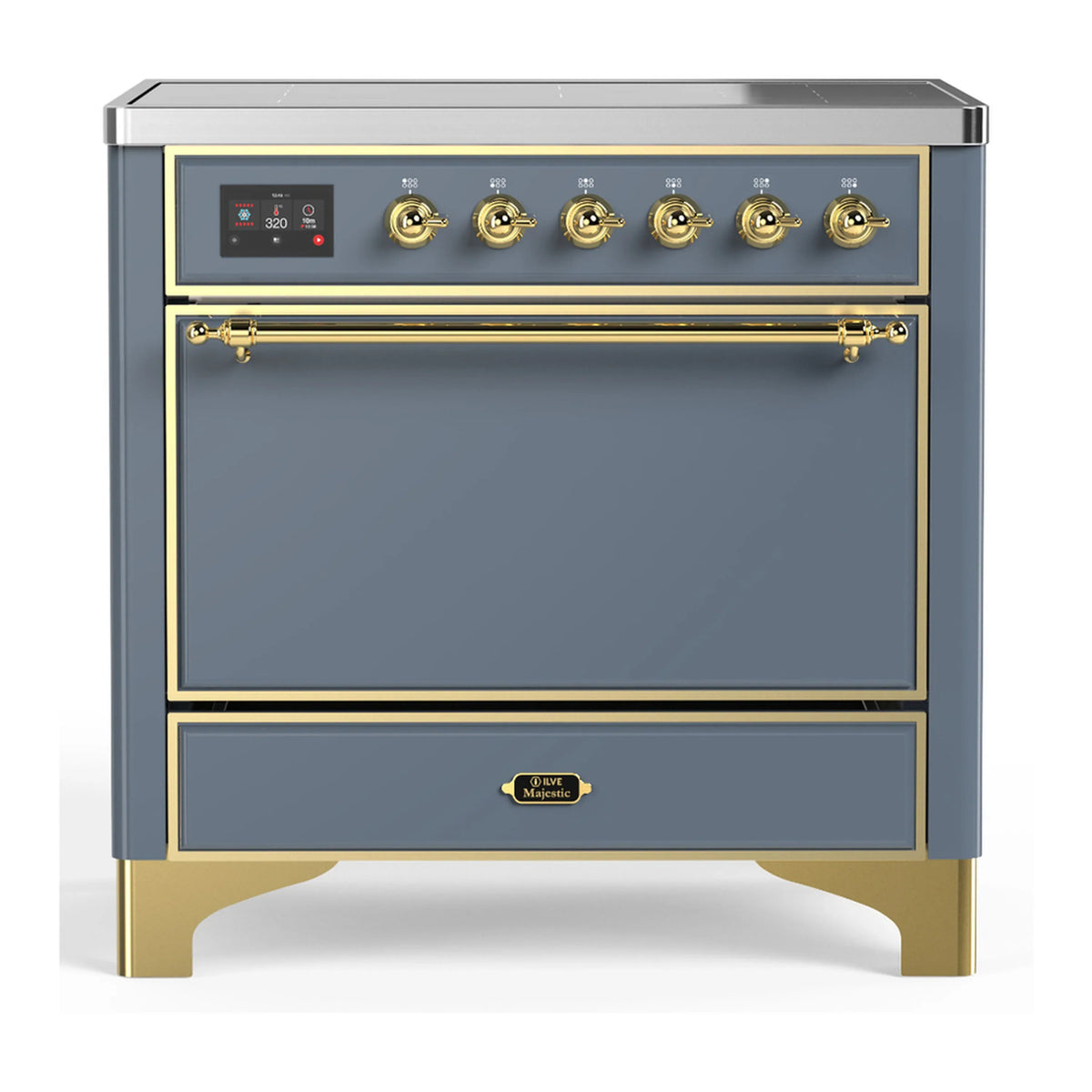 ILVE Majestic III 36-Inch Induction Range, 6 Elements, Solid Door Electric Oven, Blue Grey with Brass Trim (UMIB36QNR3BGG)