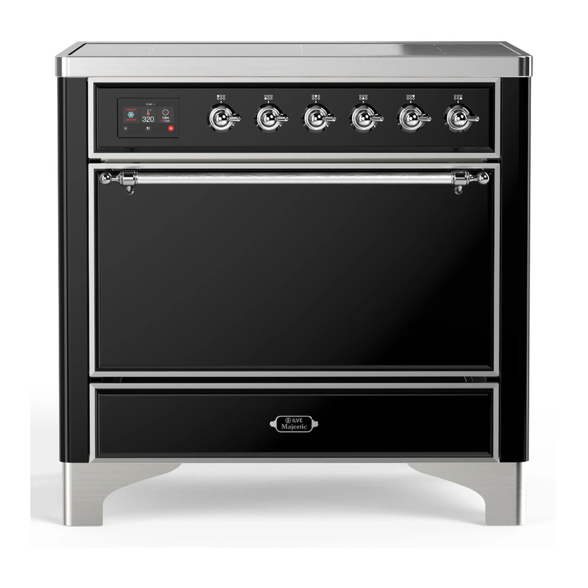 ILVE Majestic III 36-Inch Induction Range, 6 Elements, Solid Door Electric Oven, Glossy Black with Chrome Trim (UMIB36QNR3BKC)