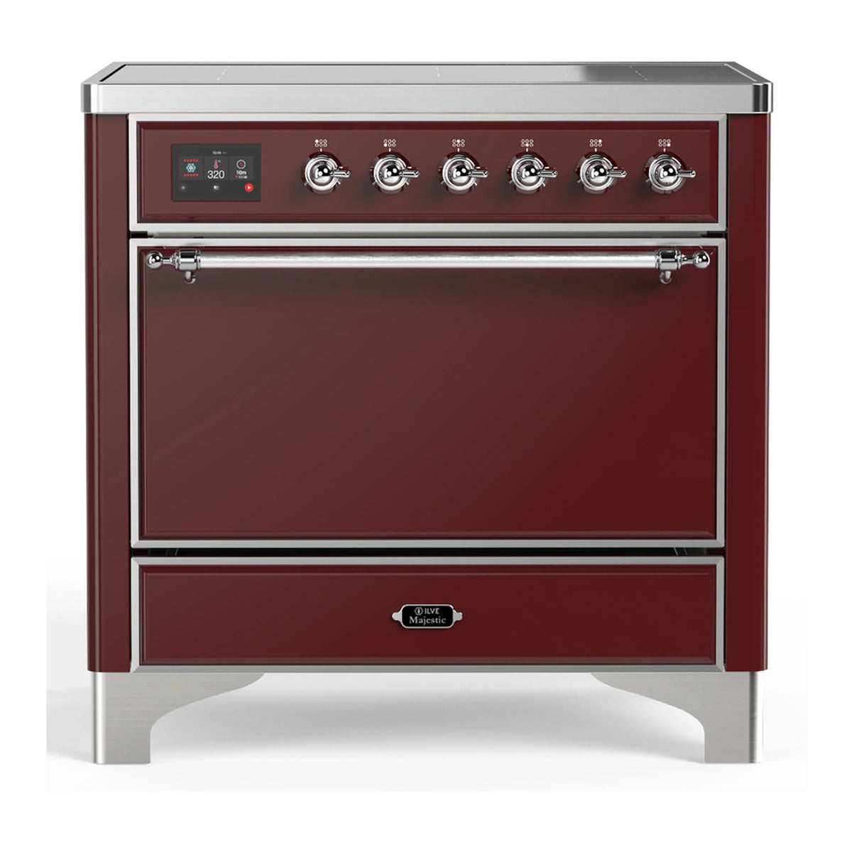 ILVE Majestic III 36-Inch Induction Range, 6 Elements, Solid Door Electric Oven, Burgundy with Chrome Trim (UMIB36QNR3BUC)
