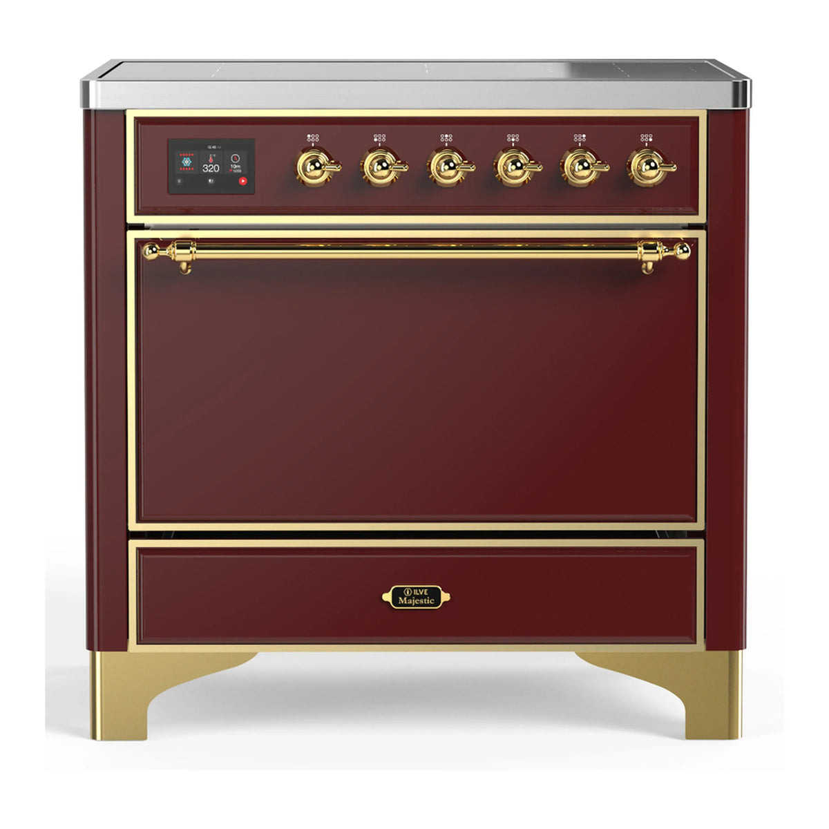 ILVE Majestic III 36-Inch Induction Range, 6 Elements, Solid Door Electric Oven, Burgundy with Brass Trim (UMIB36QNR3BUG)