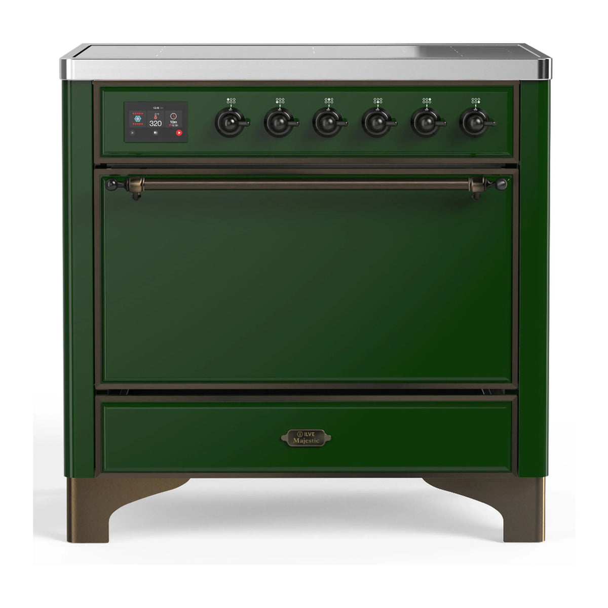 ILVE Majestic III 36-Inch Induction Range, 6 Elements, Solid Door Electric Oven, Emerald Green with Burnished Trim (UMIB36QNR3EGB)