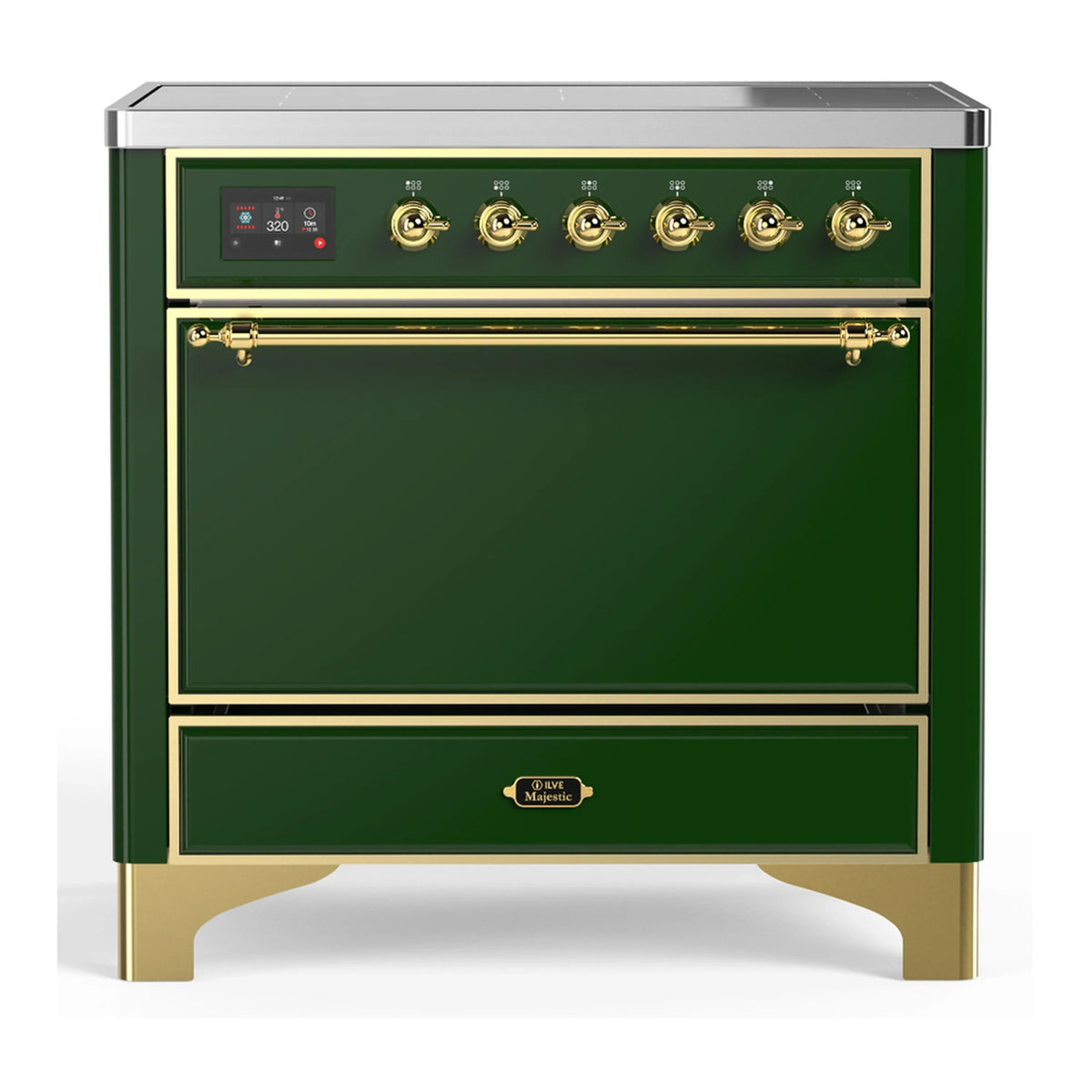 ILVE Majestic III 36-Inch Induction Range, 6 Elements, Solid Door Electric Oven, Emerald Green with Brass Trim (UMIB36QNR3EGG)