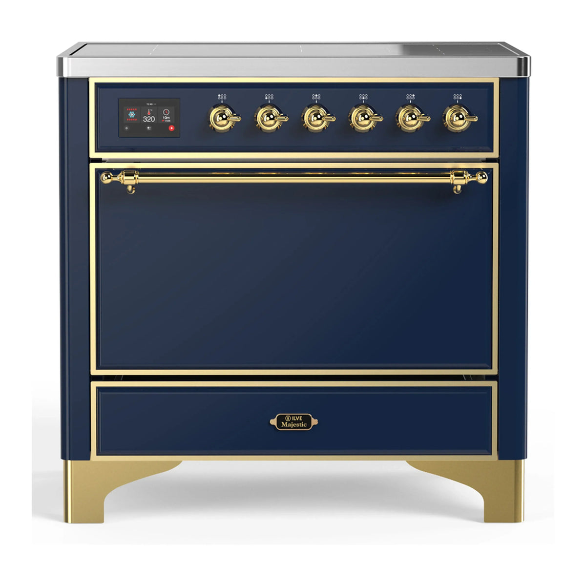 ILVE Majestic III 36-Inch Induction Range, 6 Elements, Solid Door Electric Oven, Midnight Blue with Brass Trim (UMIB36QNR3MBG)