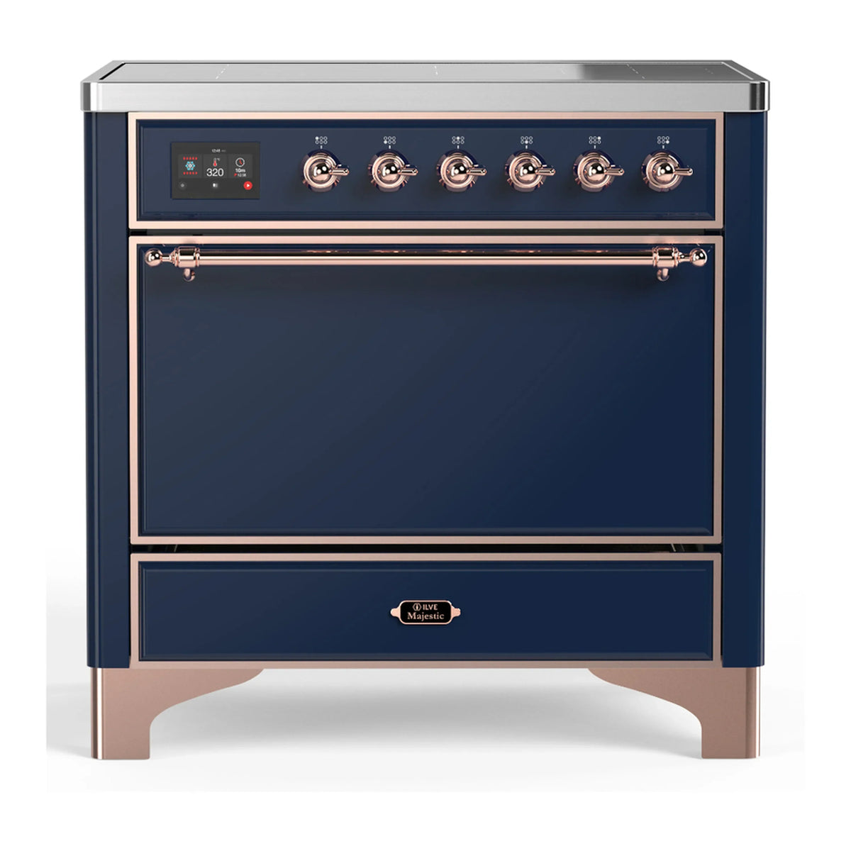 ILVE Majestic III 36-Inch Induction Range, 6 Elements, Solid Door Electric Oven, Midnight Blue with Copper Trim (UMIB36QNR3MBP)
