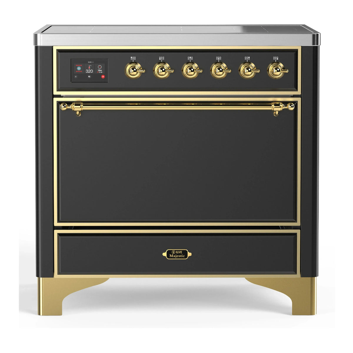 ILVE Majestic III 36-Inch Induction Range, 6 Elements, Solid Door Electric Oven, Matte Graphite with Brass Trim (UMIB36QNR3MGG)